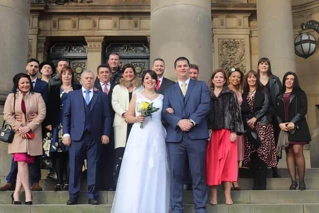 Beatrice FuentesandJose Fernandez with their families during their wedding ceremony at Leeds Town Hall. Picture supplied by Duncan Clarke PR.