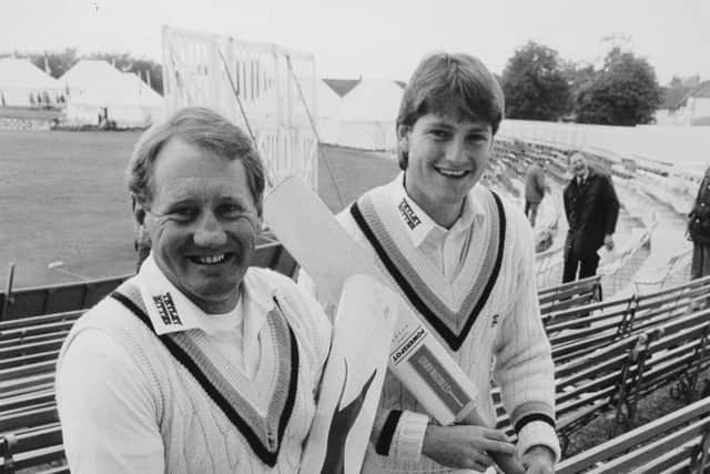 All Smiles: David Bairstow and Martyn Moxon all smiles after their centuries on an excellent day for Yorkshire at Harrogate.