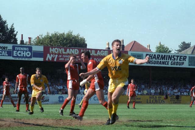 CHAMPIONS: Lee Chapman races away to celebrate what proved the winning goal for Leeds United at Bournemouth on May 5, 1990 which sealed the Whites promotion as Division Two title winners. Picture by YPN.