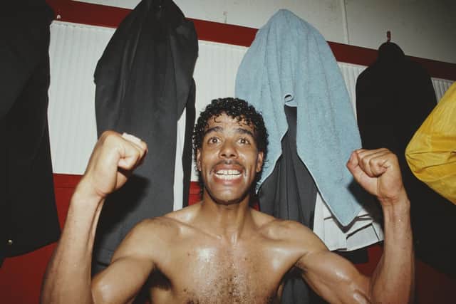 UNBELIEVABLE JEFF: Chris Kamara celebrates in the dressing room after providing the assist for Lee Chapman's winner. Picture by YPN.