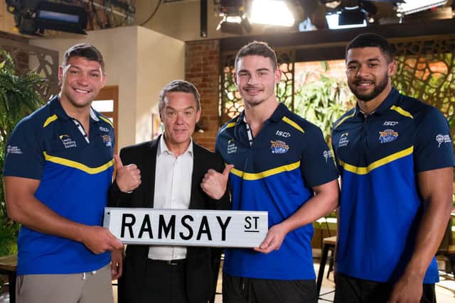 Stevie Ward, second from right, with former teammates Ryan Hall and Kallum Watkins and Neighbours star Stefan Dennis. Picture by Phil Daly.