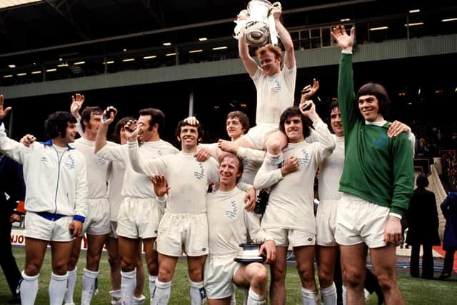 WEMBLEY WINNERS: Leeds United celebrate their 1972 FA Cup triumph. (l-r) Mick Bates, Paul Madeley, Eddie Gray, Paul Reaney, Johnny Giles, Jack Charlton, Allan Clarke, Billy Bremner, Peter Lorimer, Norman Hunter, David Harvey. Picture by PA.