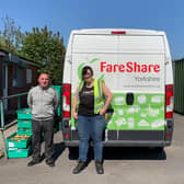 Jade from FareShare Yorkshire delivering the weekly stock, pictured with Will Bowler, Co-Founder and Office Manager at CFYDC.