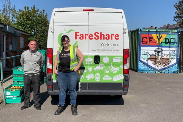 Jade from FareShare Yorkshire delivering the weekly stock, pictured with Will Bowler, Co-Founder and Office Manager at CFYDC.