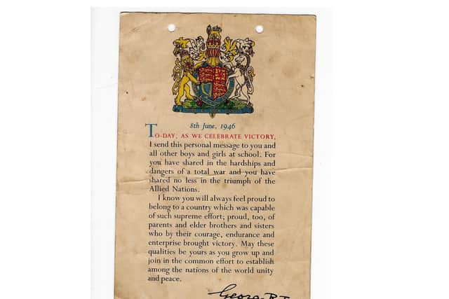 The VE Day letter from King George VI received by 85-year-old Michael Steel when he was a six-year-old pupil at St Michael's Junior School in Headingley.