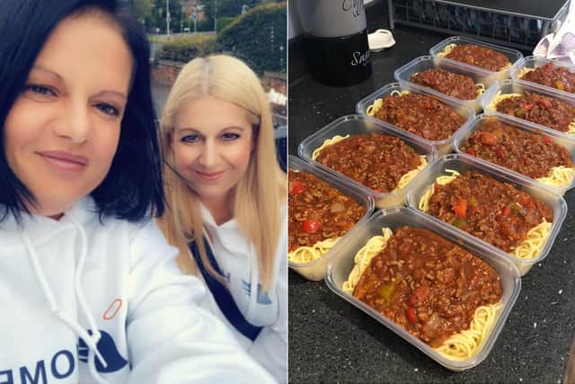 Homeless Street Angels founders Becky (left) and Shelley Joyce and portions of hot food the charity has donated