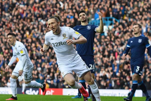 CLOSING IN: Luke Ayling races away to celebrate his strike in Leeds United's most recent game - the 2-0 win at home to Huddersfield Town on March 7. Photo by George Wood/Getty Images.