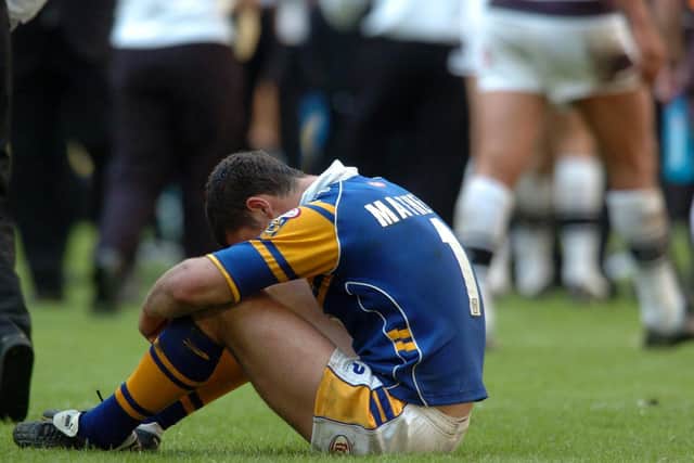 Agony for Leeds Rhinos' Richard Mathers after the 2005 Challenge Cup final. Picture by Steve Riding.