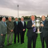 Members of Leeds' 1961 Championship-winning side reunited, with the trophy, at Headingley in 2001. Left-right Derek Hallas, Ken Thornett, Vince Hattee, Joe (team manager), Don Robinson, Lewis Jones, Wilf Rosenberg, Dennis Goodwin, Brian Shaw. Picture by Graham Lindley.