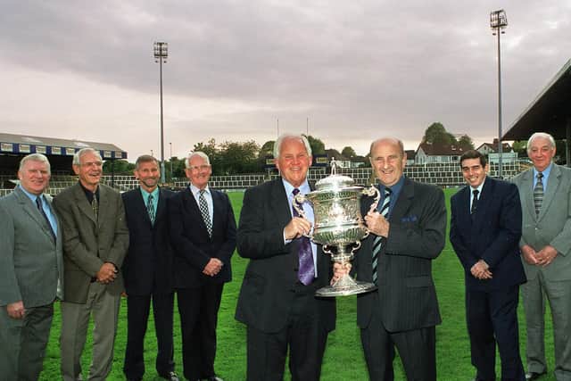 Members of Leeds' 1961 Championship-winning side reunited, with the trophy, at Headingley in 2001. Left-right Derek Hallas, Ken Thornett, Vince Hattee, Joe (team manager), Don Robinson, Lewis Jones, Wilf Rosenberg, Dennis Goodwin, Brian Shaw. Picture by Graham Lindley.