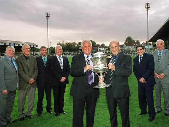 Members of Leeds' 1961 Championship-winning side reunited, with the trophy, at Headingley in 2001. Left-right Derek Hallas, Ken Thornett, Vince Hattee, Joe (team manager), Don Robinson, Lewis Jones, Wilf Rosenberg, Dennis Goodwin, Brian Shaw. Picture by Graham Lindley.