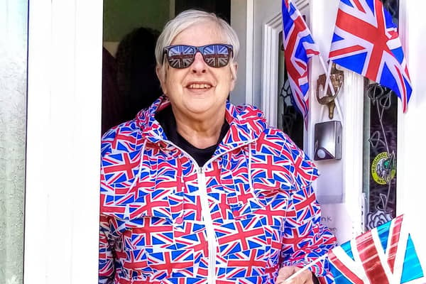 Margaret Horner, 72, from Morley, dressed in her Union Jack outfit for VE Day.