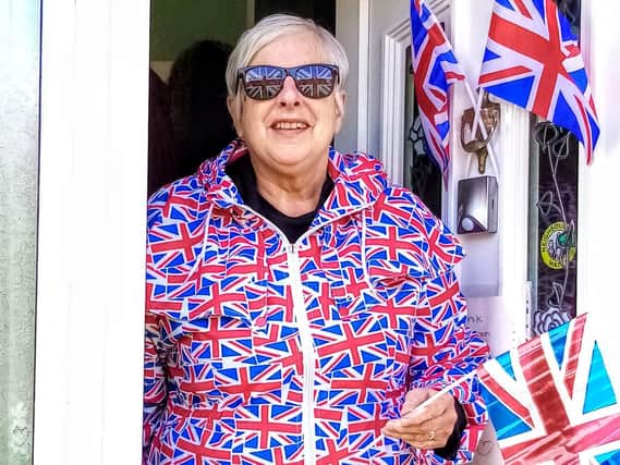 Margaret Horner, 72, from Morley, dressed in her Union Jack outfit for VE Day.