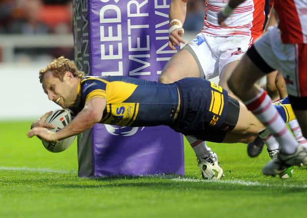 Rob Burrow scores against Leigh in the Challenge Cup on May 11, 2012. Picture: Steve Riding.