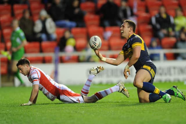 Shaun Lunt celebrates scoring against Leigh Centurions in the Challenge Cup in 2012. Picture: Steve Riding.
