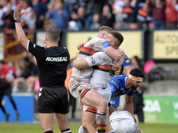 Bradford Bulls celebrate after the final whistle blows at Odsal on May 11, 2019. Picture by Bruce Rollinson.