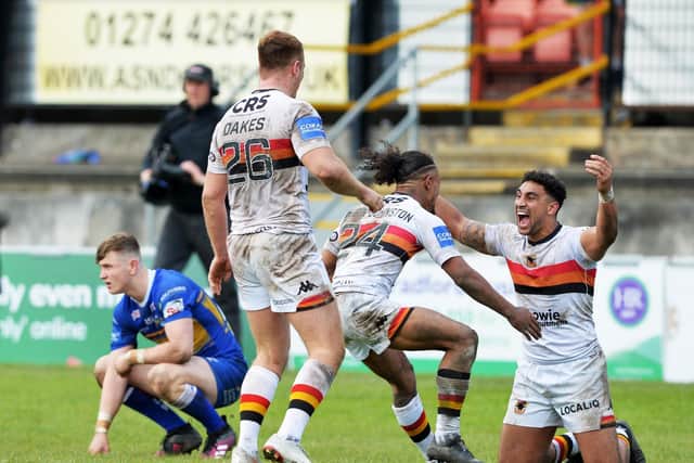 Rhinos try scorer Harry Newman looks shattered after Bradford Bulls' Cup win. Picture by Bruce Rollinson.