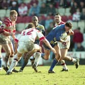 Francis Cummins makes a break during Leeds' Challenge Cup semi-final win over St Helens in 1994. Picture by Steve Riding.