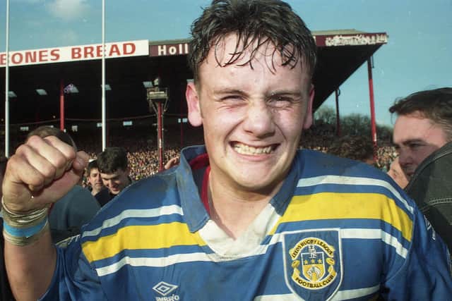 Francis Cummins celebrates Leeds' first return to Wembley for 16 years, after the 1994 semi-final win over St Helens. Picture by Steve Riding.