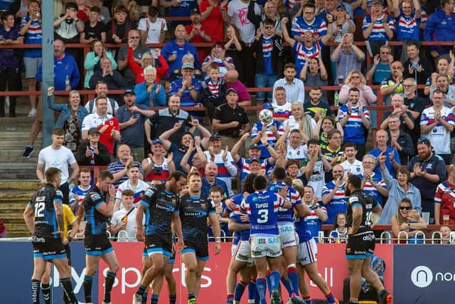 Players won;t be able to celebrate with fans even when Super League does resume. Picture by Bruce Rollinson.