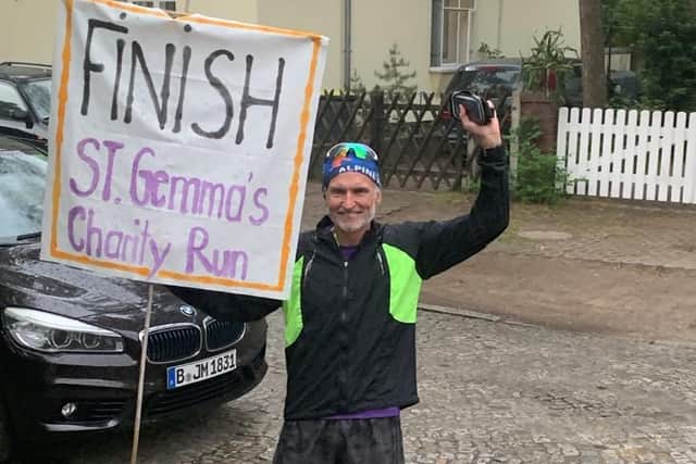 Bruce Nicol, having completed his epic 10-marathons-in-10-days challenge for St Gemma's Hospice in Leeds.