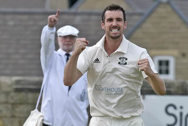 Otley v Collingham and Linton Aire Wharfe League Division 1 sat 22nd june 2019 James  Davies runs in for Otley celebrating aftetr getting the wicket of Toby Jacklin LBW for 0 -he took the first three Collingham and Linton wickets in the 141 run win for league leaders Otley