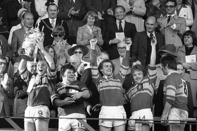Leeds' David Ward lifts the Rugby League Challenge trophy at Wembley in 1978. Picture: Steve Riding.