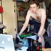 Rob Duckworth during his cycle of Everest - in his garage.