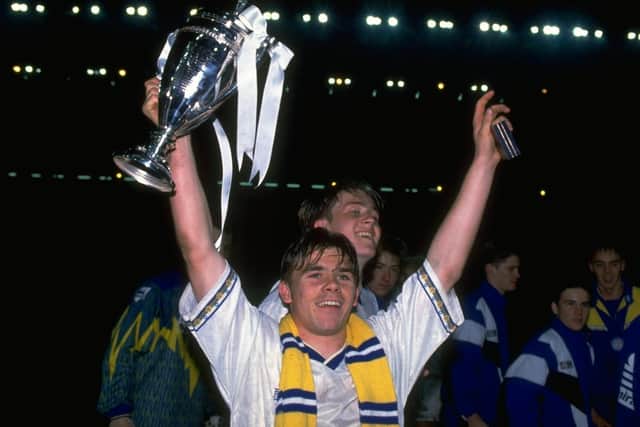 PRIDE: Striker Jamie Forrester holds aloft the FA Youth Cup after Leeds United's 4-1 victory on aggregate against Manchester United, completed by a 2-1 success in the second leg at Elland Road 17 years ago this evening. Photo by Shaun Botterill/Allsport.
