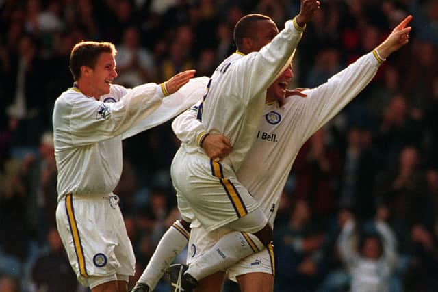 GOOD TIMES: Andy Couzens, left, moves in to celebrate with Rod Wallace and Lee Sharpe after Wallace's strike for Leeds United in the 2-0 win against Nottingham Forest at Elland Road in October 1996. Picture by Mark Bickerdike.