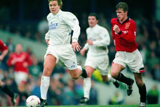 EARLY DAYS: Manchester United's David Beckham chases after Leeds United's 
Tomas Brolin during a Premier League clash at Elland Road on Christmas Eve 1995. Photo by Clive Brunskill/Allsport/Getty Images.