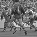 Great Britain's Daryl Powell takes on the Aussie defence during the first Test at Wembley on October 27, 1990. Picture by Steve Riding.