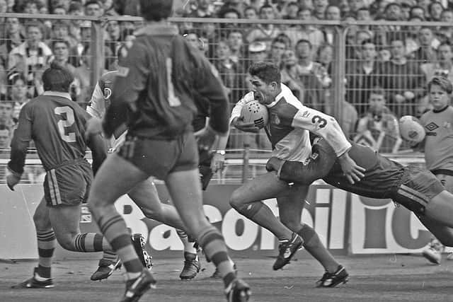 Great Britain's Daryl Powell takes on the Aussie defence during the first Test at Wembley on October 27, 1990. Picture by Steve Riding.