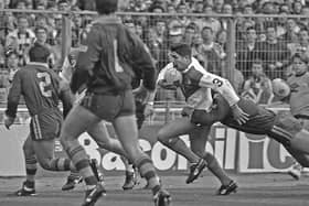 Great Britain's Daryl Powell takes on the Aussie defence during the first Test at Wembley on October 27, 1990. Picture by Steve Riding.