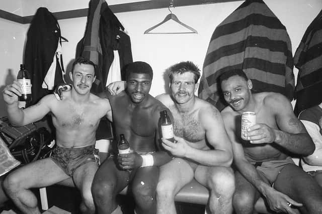 Leeds' Garry Schofield, Roy Powell, Paul Dixon and Carl Gibson celebrate in the Wembley changing room. Picture by Steve Riding.