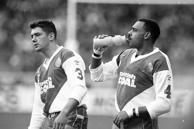 The 'smallest centres in Test rugby' Daryl Powell and Leeds's Carl Gibson punched well above their weight in the 1990 first Test win. Picture by Steve Riding.