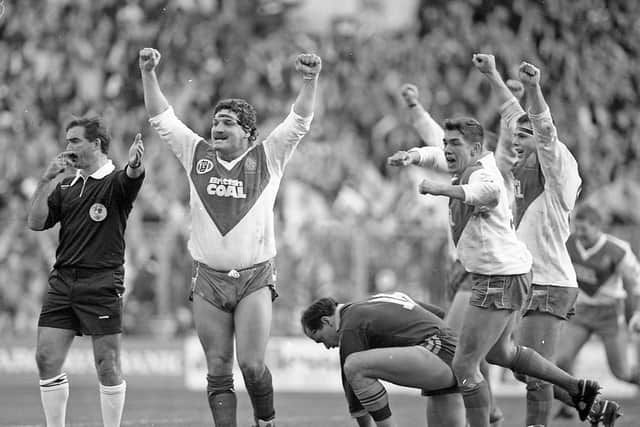 Powell and his Great Britain teammates celebrate as the final whistle blows at Wembley in 1990. Picture by Steve Riding.