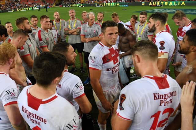 Sam Burgess speaks to his England team after the final of the 2017 Rugby League World Cup. Picture: PA.