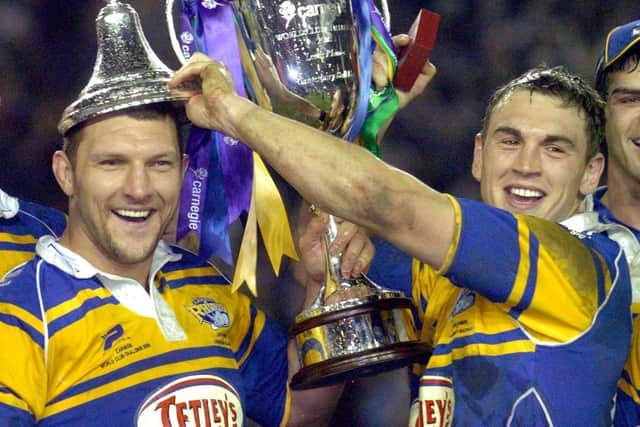 Barrie McDermott and Kevin Sinfield celebrate winning the World Club Challenge in 2005. Piture by Mark Bickerdike