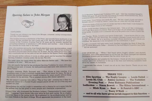 A programme for a Sporting Salute dinner in John Morgan's honour to mark his 60th birthday