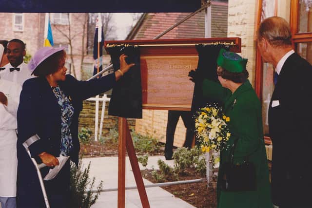 Pictured, Gertrude Paul (left) with the Queen and Prince Philip at the opening of a residential home for the United Caribbean Association, in Chapeltown, Leeds in 1991. Photo credit: Other
