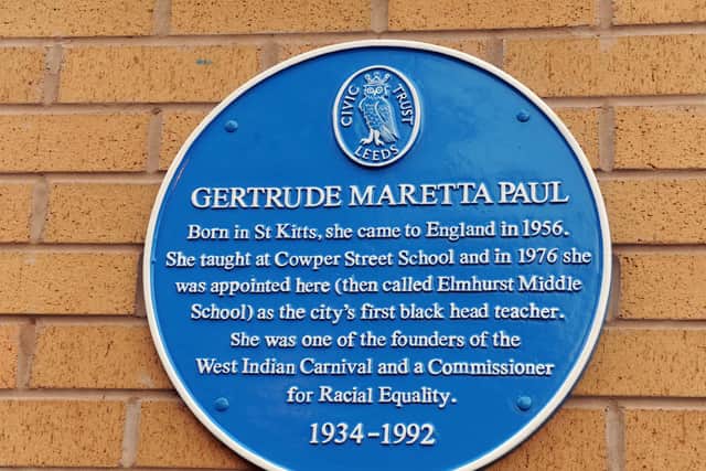 Blue Plaque for Gertrude Meretta Paul first black head teacher of Leeds at Elmhurst Middle School, now Bracken Edge Primary. Photo credit: JPImedia