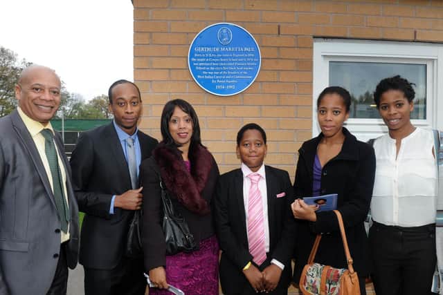 Pictured, 2011: Blue Plaque for Gertrude Meretta Paul first black head teacher of Leeds at Elmhurst Middle School, now Bracken Edge Primary. From left, pictured in 2011, Michael Paul, son, Kieron Paul, grandson, daughter Heather Paul and grandson Theo, 11 Josephine Paul, granddaughter and Melanie Paul, granddaughter. Photo credit: JPIMediaResell