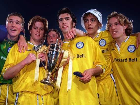 WINNERS - Leeds United's Paul Robinson, Alan Maybury, Andy Wright, Damian Lynch, Jonathan Woodgate and Wesley Boyle celebrate after winning the second leg of the F.A. Youth Challenge Cup Final at Selhust Park. Pic: Mark Bickerdike