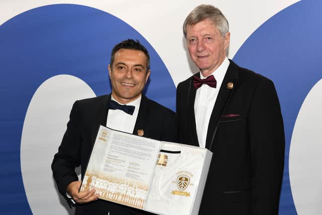 WARM WORDS: From Leeds United legend Allan Clarke, right, pictured with Whites chairman Andrea Radrizzani at the club's centenary dinner last October. Picture by Jonathan Gawthorpe.