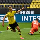 GOLDEN BOY - Erling Haaland of Borussia Dortmund celebrates scoring his team's first goal during the Bundesliga match between Borussia Dortmund and FC Schalke 04 at Signal Iduna Park. Pic: Getty