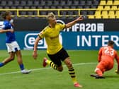 GOLDEN BOY - Erling Haaland of Borussia Dortmund celebrates scoring his team's first goal during the Bundesliga match between Borussia Dortmund and FC Schalke 04 at Signal Iduna Park. Pic: Getty