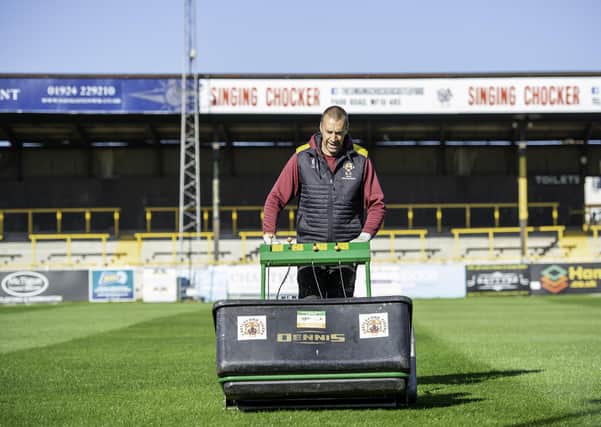 Picture by Allan McKenzie/SWpix.com - 14/05/2020 - Rugby League - Super League - Castleford Tigers Ground Maintenance under Covid-19, The Mend-a-Hose Jungle, Castleford, England - Castleford Tigers head groundsman Stuart Vause cuts and maintains the field at Castleford's Wheldon Road ground as Covid-19 lockdown continues in the UK.