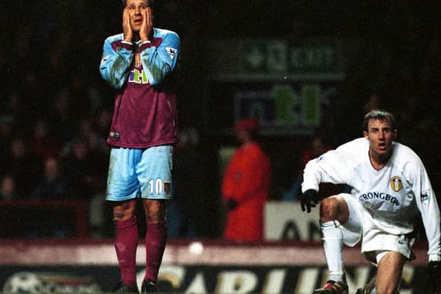 DESPAIR: Aston Villa's Paul Merson and Leeds United's Lee Bowyer look on after Merson hits the crossbar in added time during the 2-1 loss at home to David O'Leary's Whites in January 2001. Picture by Stu Forster/ALLSPORT.