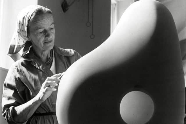 Dame Barbara Hepworth carving in the Palais de Danse in 1961, the studio and workshop in St Ives, Cornwall. Picture: PA